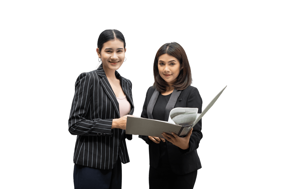 businesswomen-discussing-paperwork-together-against-railing-business-people-concept 