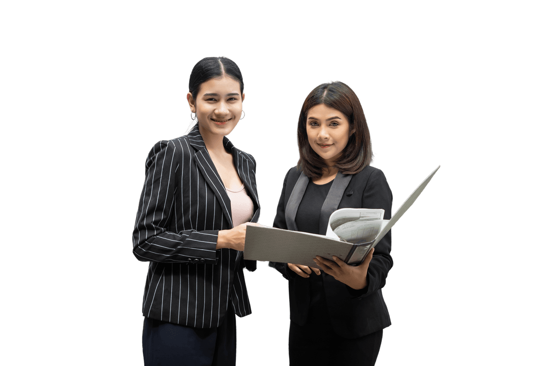 businesswomen-discussing-paperwork-together-against-railing-business-people-concept 